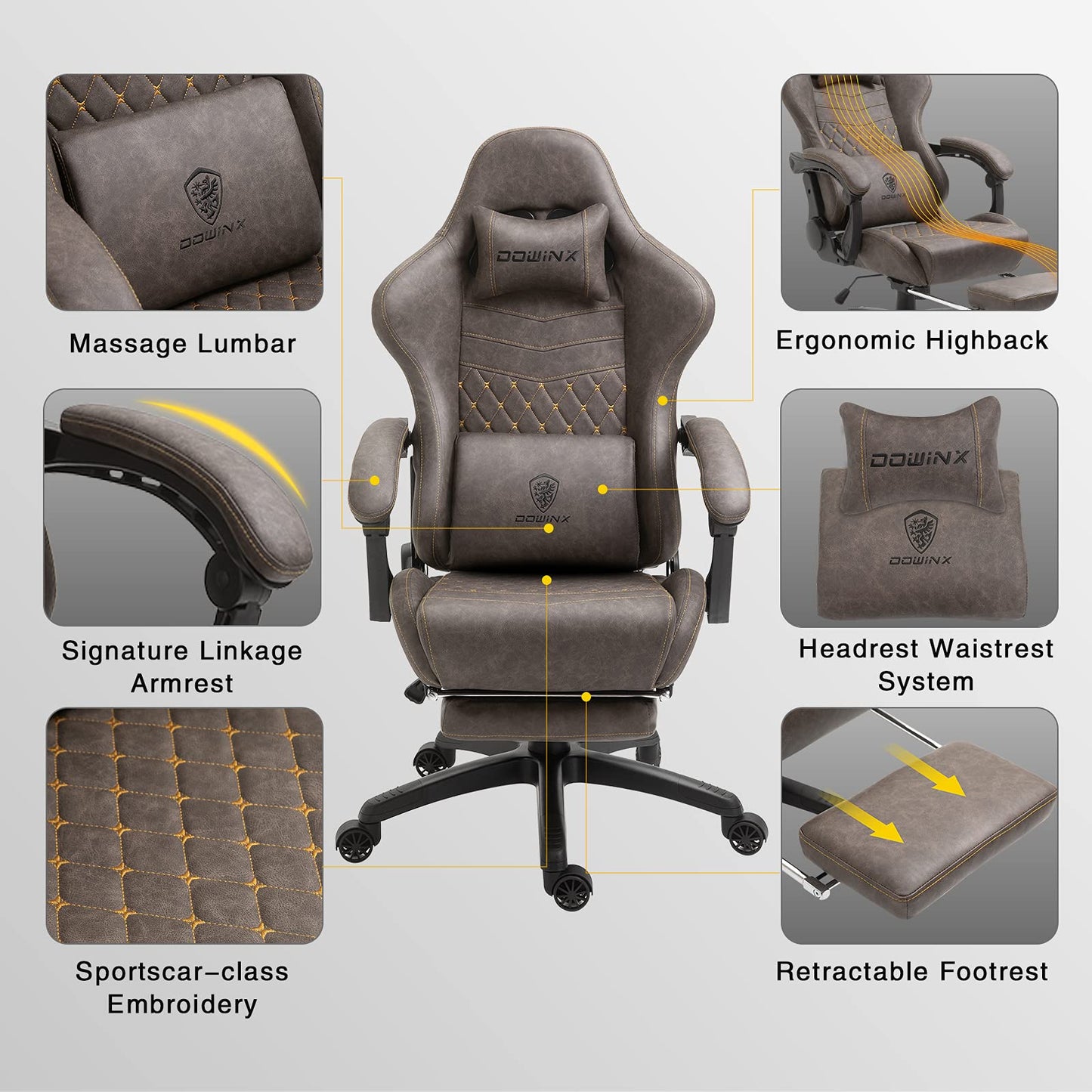Dowinx Gaming Chair Big and Tall, Ergonomic Game Chair for Adults with Footrest and Massage Lumbar Support, High Back Computer Gamer Chair PU Leather, 350Lbs, for Office, Home, Brown