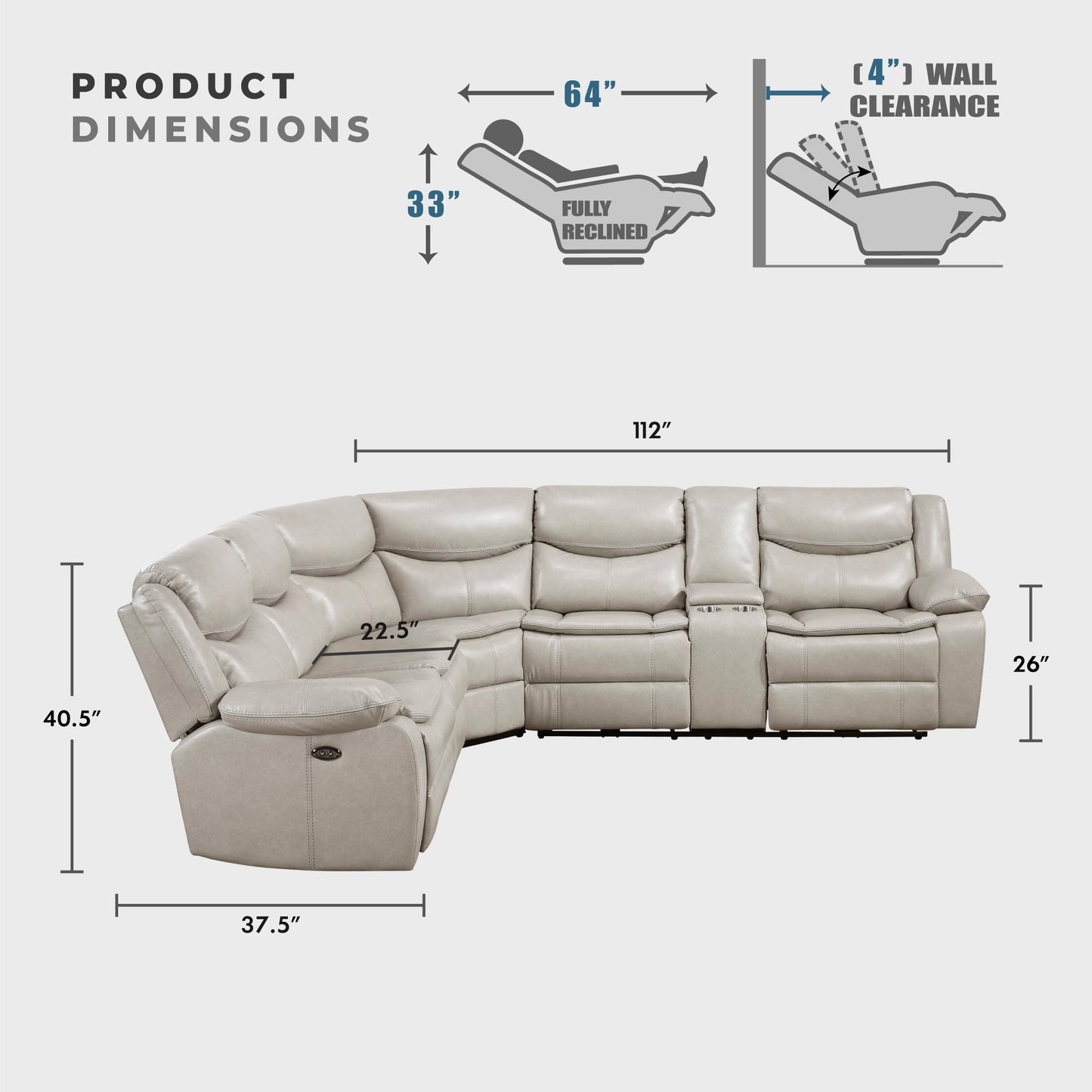 Lexicon L-Shaped Power Reclining Sectional Couch, Faux Leather Reclining Sectional Sofa, 3 Recliners, Wall Hugger, Right Storage Console, Cup Holders, Receptacles, Charging Ports, Silver Gray