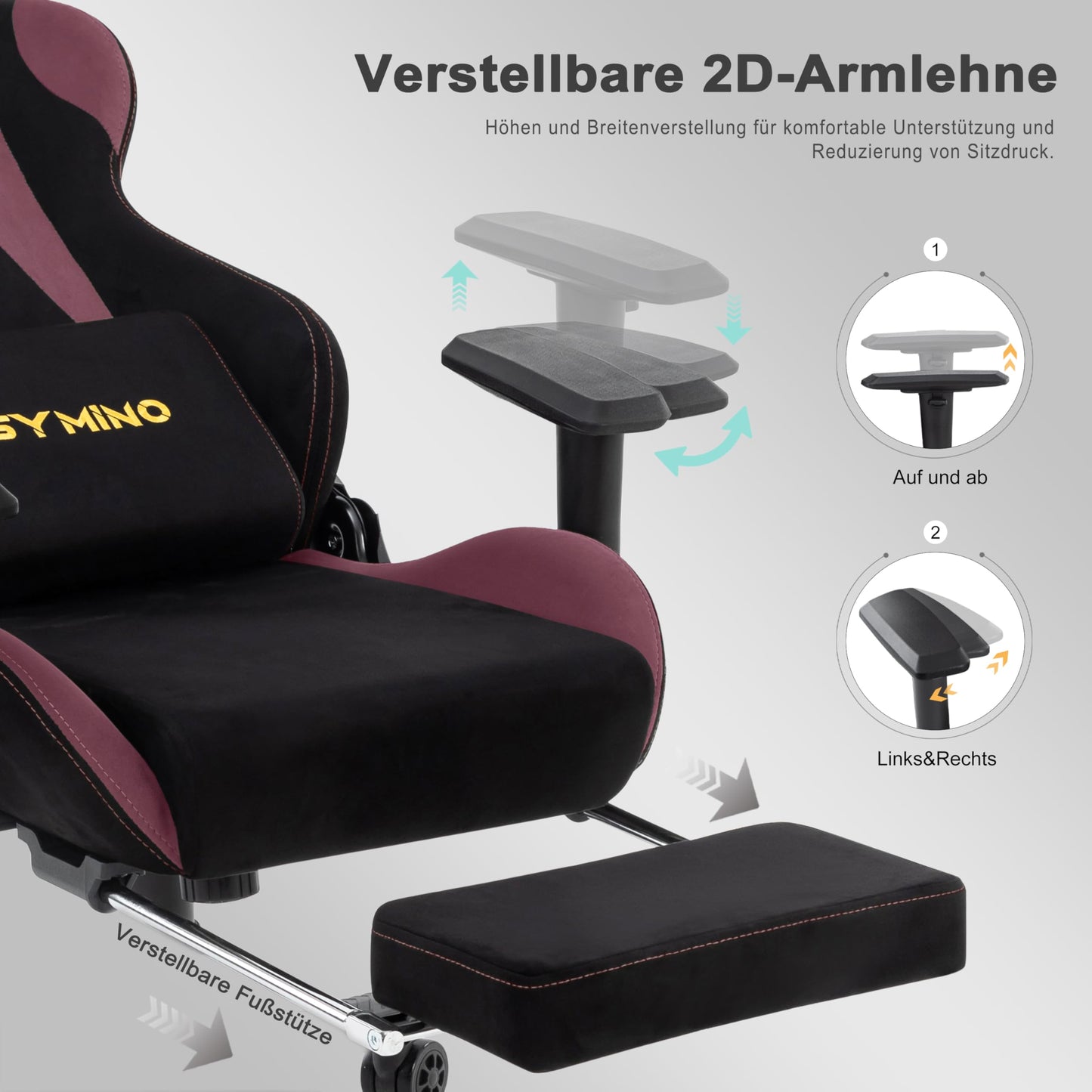 Symino Gamer Chair, Two-Tone Design, Wrap Seat, Lumbar Support & Head, 150° Tilt, Gas Class 3 SGS, 150 kg (Faux Suede, Black Red)