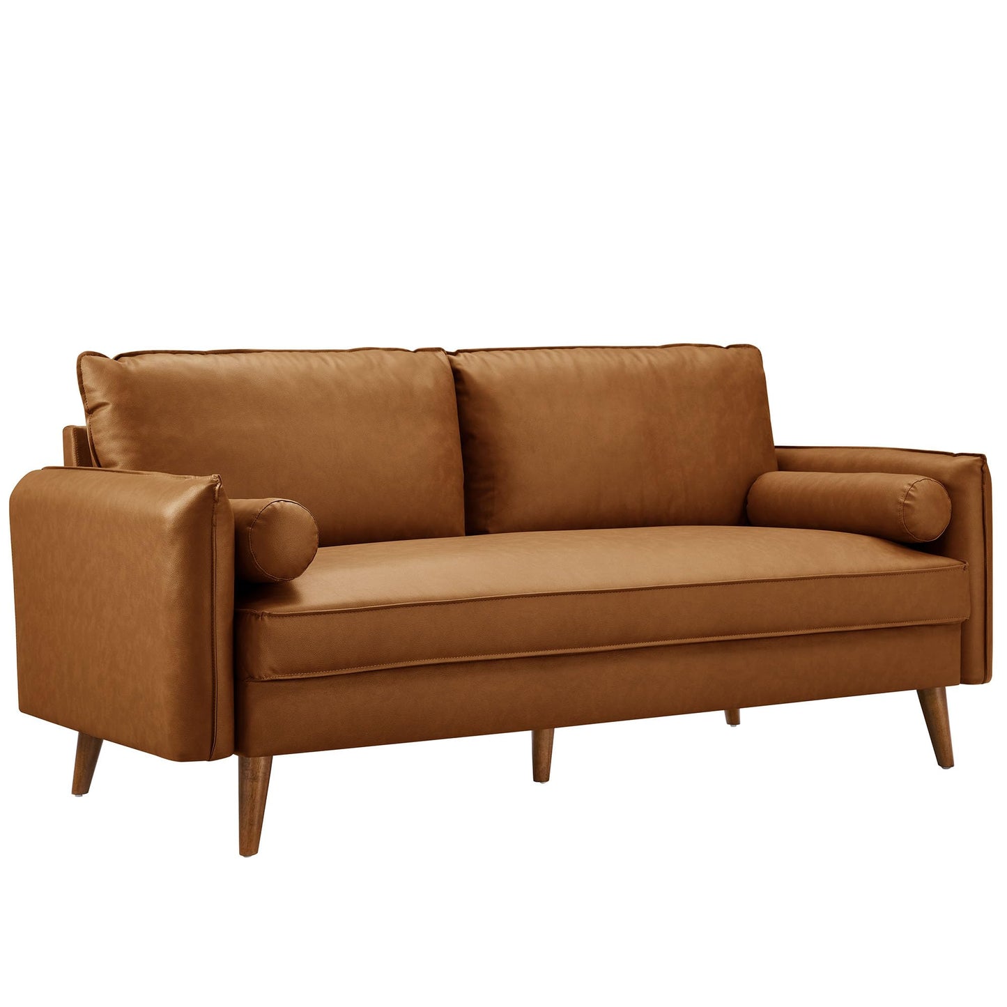 Modway Revive 72 Inch Faux Leather Sofa in Tan – 3 Seater PU Leather Couch with Cozy Wide Seats - Mid-Century Modern Upholstered Sofa for Living Room or Office