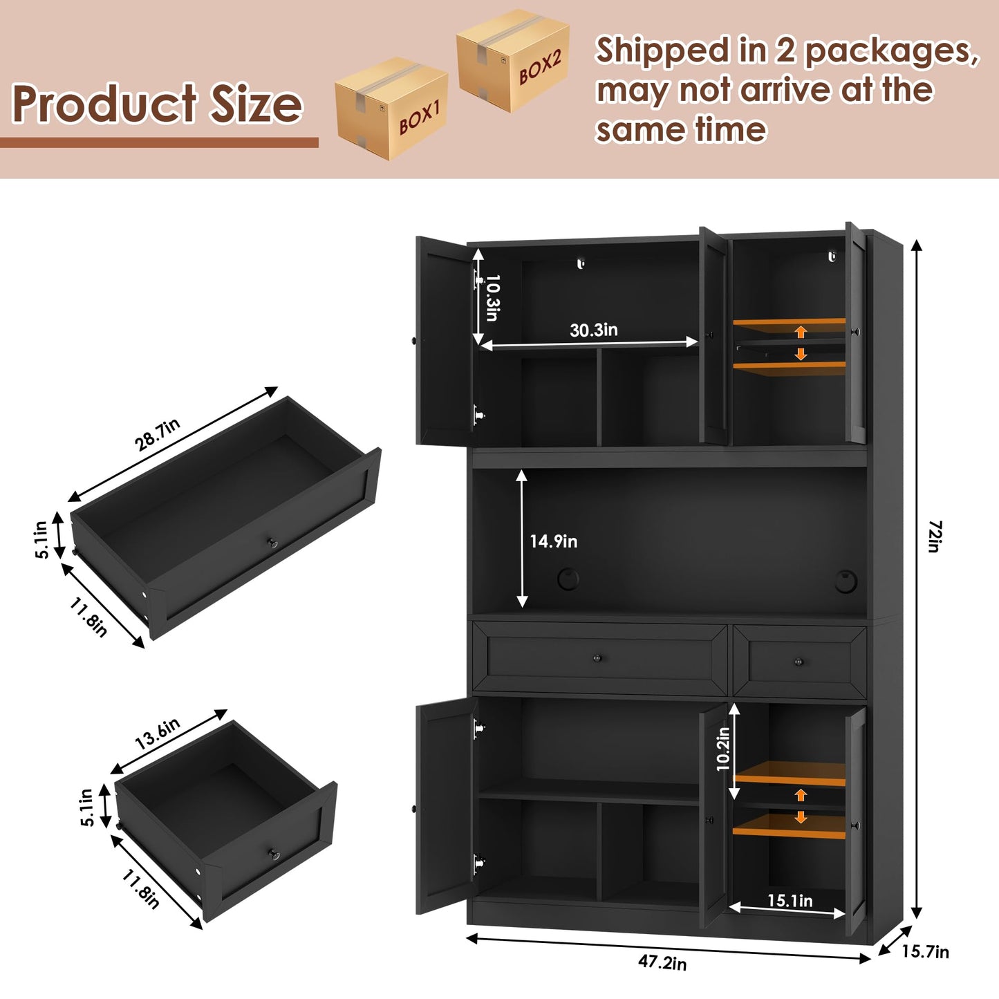 BOTLOG 72" Kitchen Pantry Cabinet, Kitchen Hutch with Microwave Stand, Buffet Cabinet with Hutch for Dining Room, Black