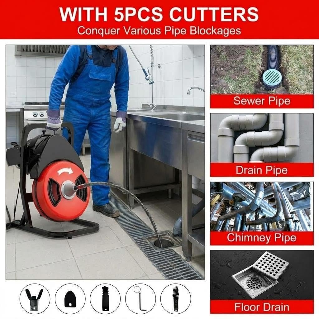 50ft x 1/2" Auto-Feed Drain Snake Cleaning Machine - 450W Electric Sewer Auger with 4 Cutters & Wheels for Sink, Toilet, Floor Drain