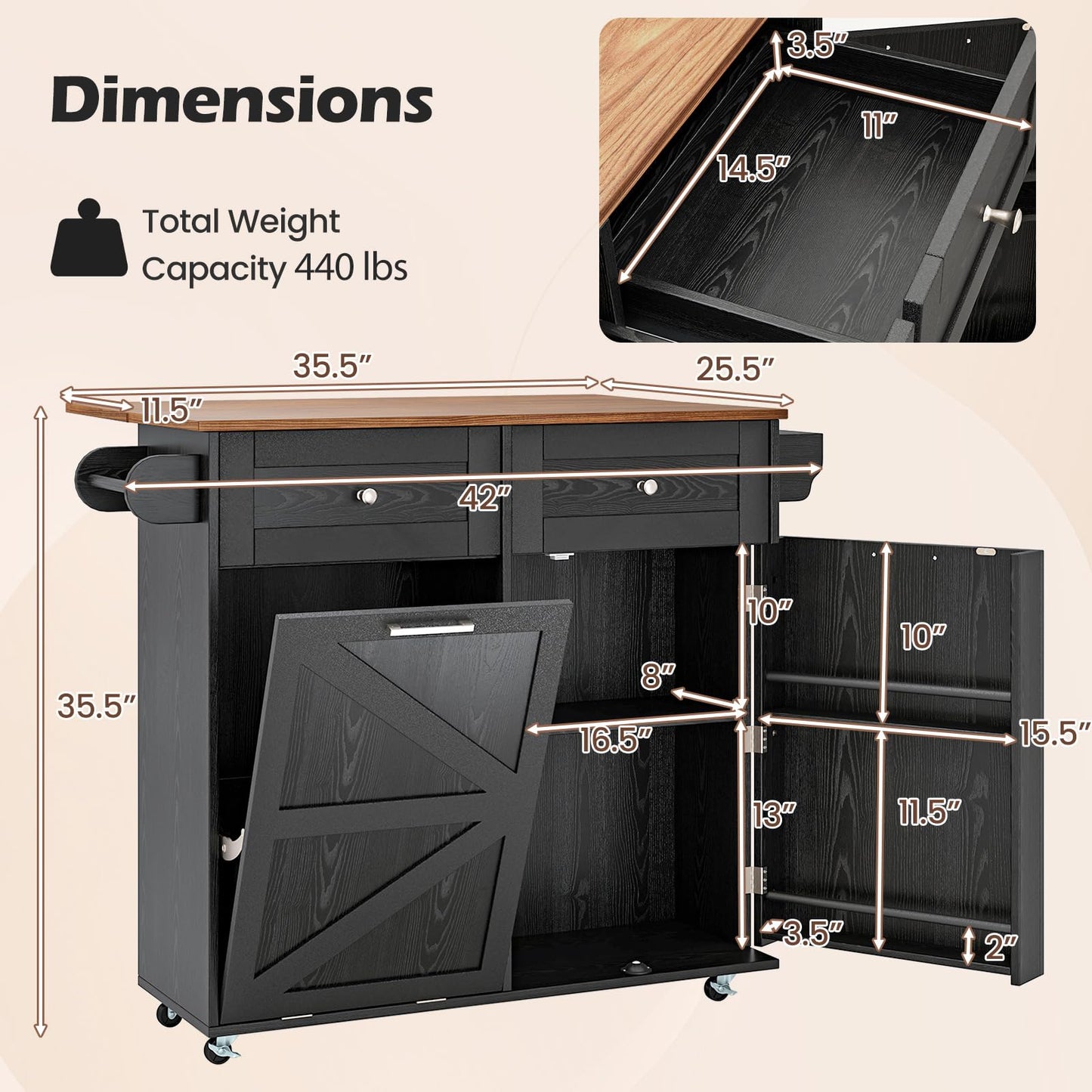 Giantex Kitchen Island Cart with Hidden Tilt Out Trash Can Cabinet, Drop Leaf, 2 Drawers, Towel Rack, Rolling Mobile Breakfast Bar Table, Wood Kitchen Storage Cart on Wheels (Black & Natural)