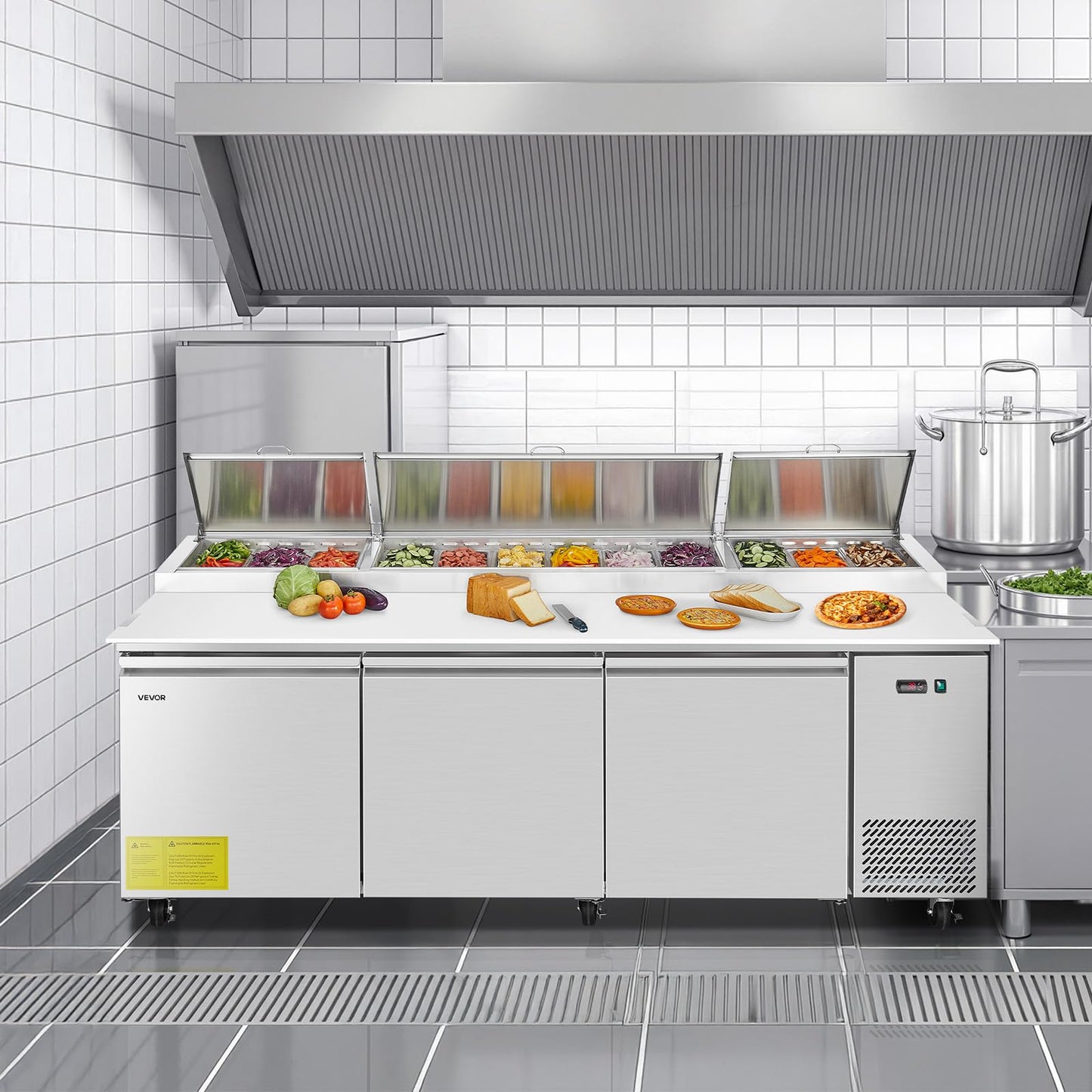VEVOR 93"W Commercial Refrigerator, Pizza Prep Refrigerated Table, 19.3" Ultra Wide Countertop Food Prep Cooler, 30.8 Cu.Ft Single Door Salad Prep Fridge, 12 Pans Pizza Make Worktop with Cutting Board