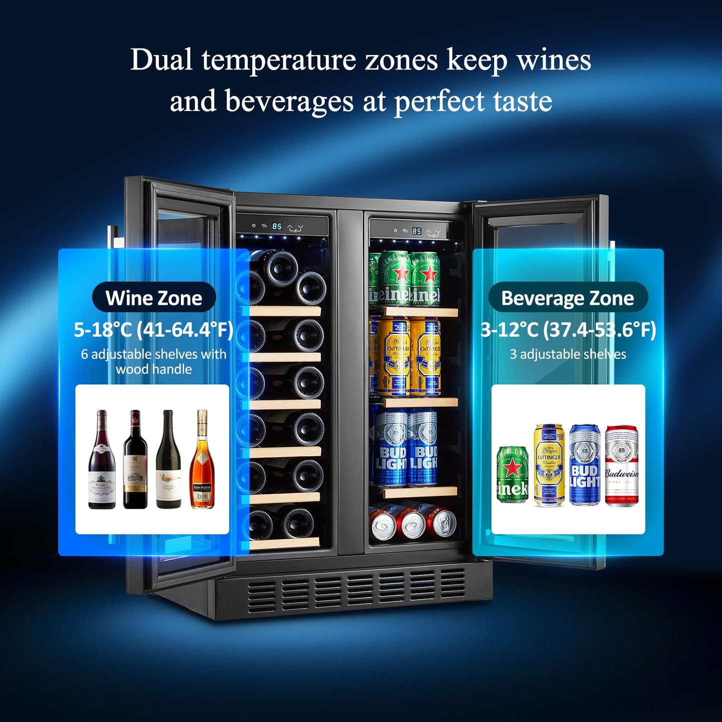 BODEGACOOLER Wine and Beverage Refrigerator, 24 Inch Dual Zone Beveage Fridge, Freestanding Wine Fridge, Under Counter Beverage Cooler With Glass Door with LED Light for Bar,Home Use,Club,Kitchen