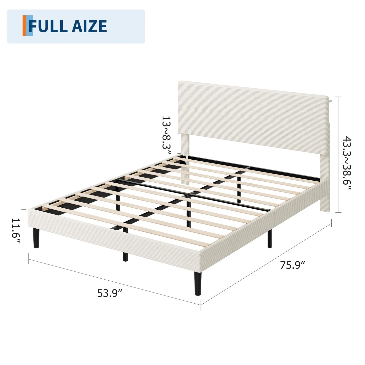 GarveeLife Corduroy Upholstered Platform Bed Frame with USB Charging Station, Adjustable Storage Headboard, Wooden Slat Support, No Box Spring Needed, Easy Assembly, Full Beige
