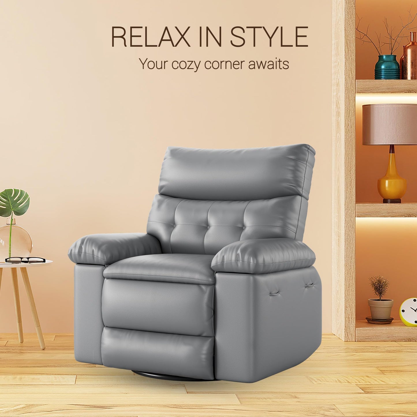 IDEALHOUSE Power Recliner Chair with Massage and Heat, Leather Fabric Reclining Sofa Chair, 360° Swivel Recliner Chairs with Cup Holder for Living Room, Bedroom, Nursery, Grey1