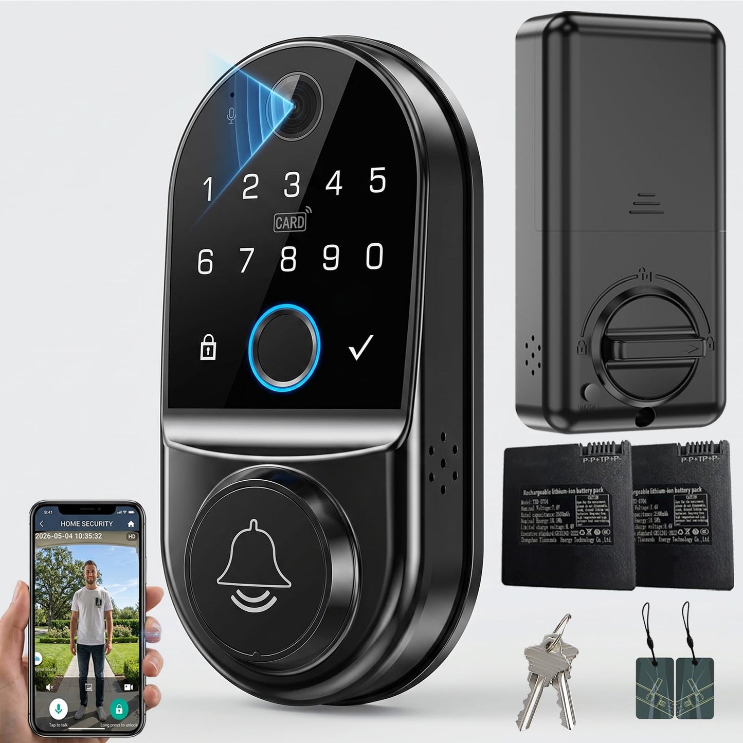 Yinaou Smart Door Locks with Camera: WiFi Keypad Deadbolt with 1080p HD Night Vision & Video Doorbell - App Control Digital Code Fingerprint Keyless Entry Electronic Locks for Front Door