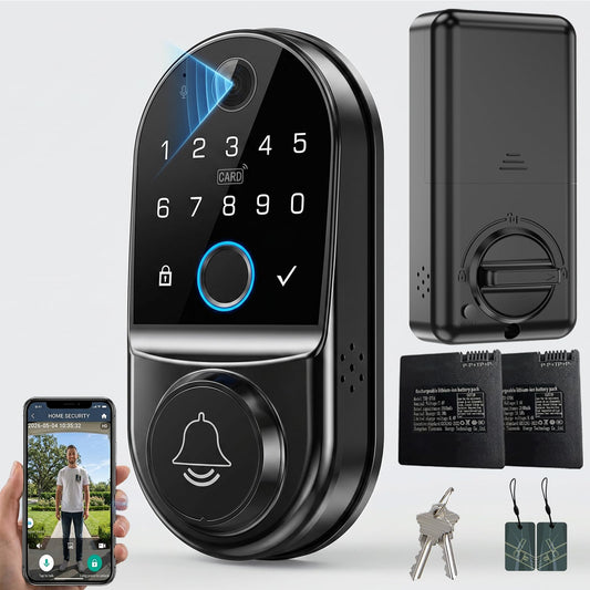 Yinaou Smart Door Locks with Camera: WiFi Keypad Deadbolt with 1080p HD Night Vision & Video Doorbell - App Control Digital Code Fingerprint Keyless Entry Electronic Locks for Front Door