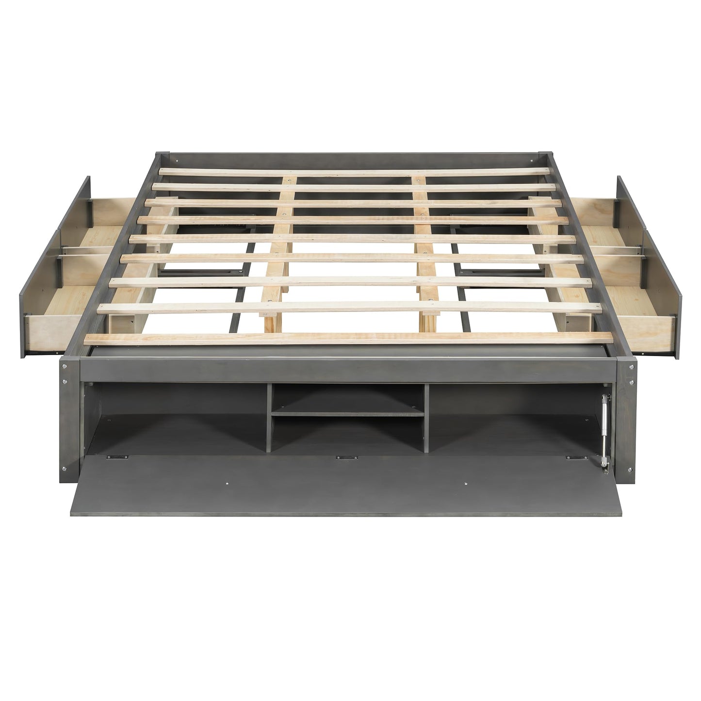 Merax Queen Size Wood Platform Bed with 4 Underbed Drawers and Hydraulic Lift Footboard Storage, Modern Bed Frame with Solid Wooden Slat Support for Bedroom, No Box Spring Needed, Easy Assembly, Gray