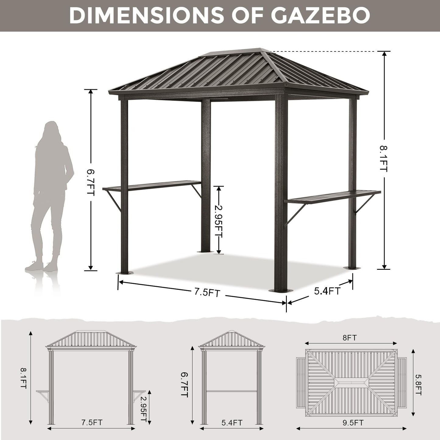 ABCCANOPY 6x8 Grill Hardtop Gazebo - Outdoor Permanent Barbecue Gazebo with Galvanized Steel Roof, Aluminum BBQ Canopy with Shelves for Patio, Lawn, Garden (Single Roof, Gray)