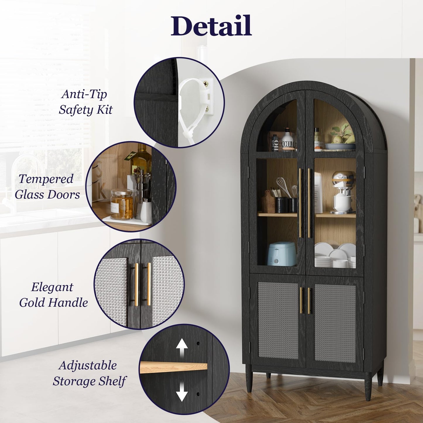 TRUNBACK 71" Tall Arched Cabinet with Glass Doors, Kitchen Pantry Storage Cabinet with Dust-Proof Rattan, 5-Tier Curio China Cabinet with Adjustable Shelves for Living Room Dining Room, Black