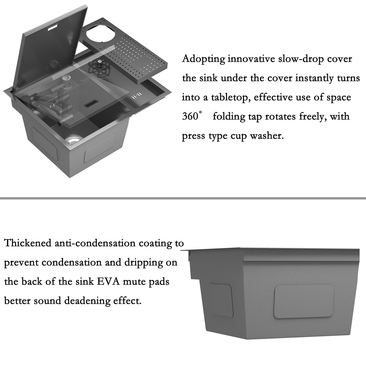 COZHAO Concealed Black Stainless Steel Slow Drop Bar Sink for Center Island, Motor Home, Western Style Countertop，Included Rotating Folding Faucet，Press Cup Washer（21.6 x 17.7 inch）