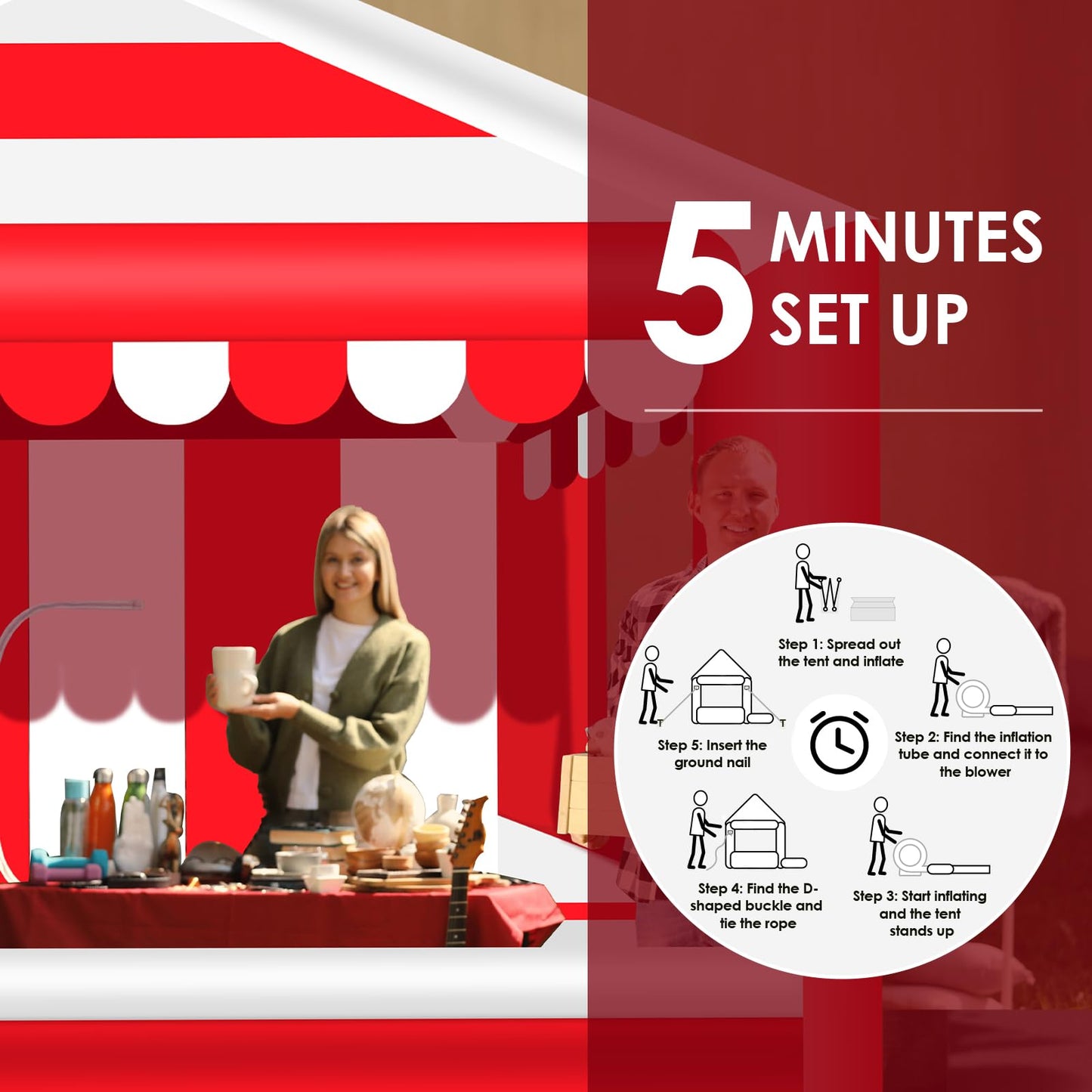 13x13ft Inflatable Event Tent with 550W Blower - Red & White Striped Advertising Canopy, Waterproof Pop-up Vendor Booth - Portable Air Tent for Trade Shows, Farmers Markets, Carnivals & Camping