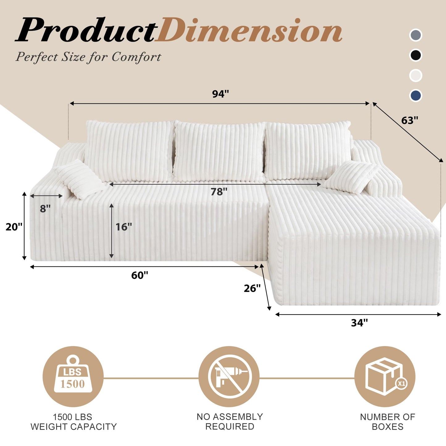 HABUTWAY 94" L-Shape Modular Sectional Sofa Couch for Living Room, No Assembly Required, Boneless Couch with Deep Seat for Living Room Bedroom, No Assembly Required (Beige,Right)