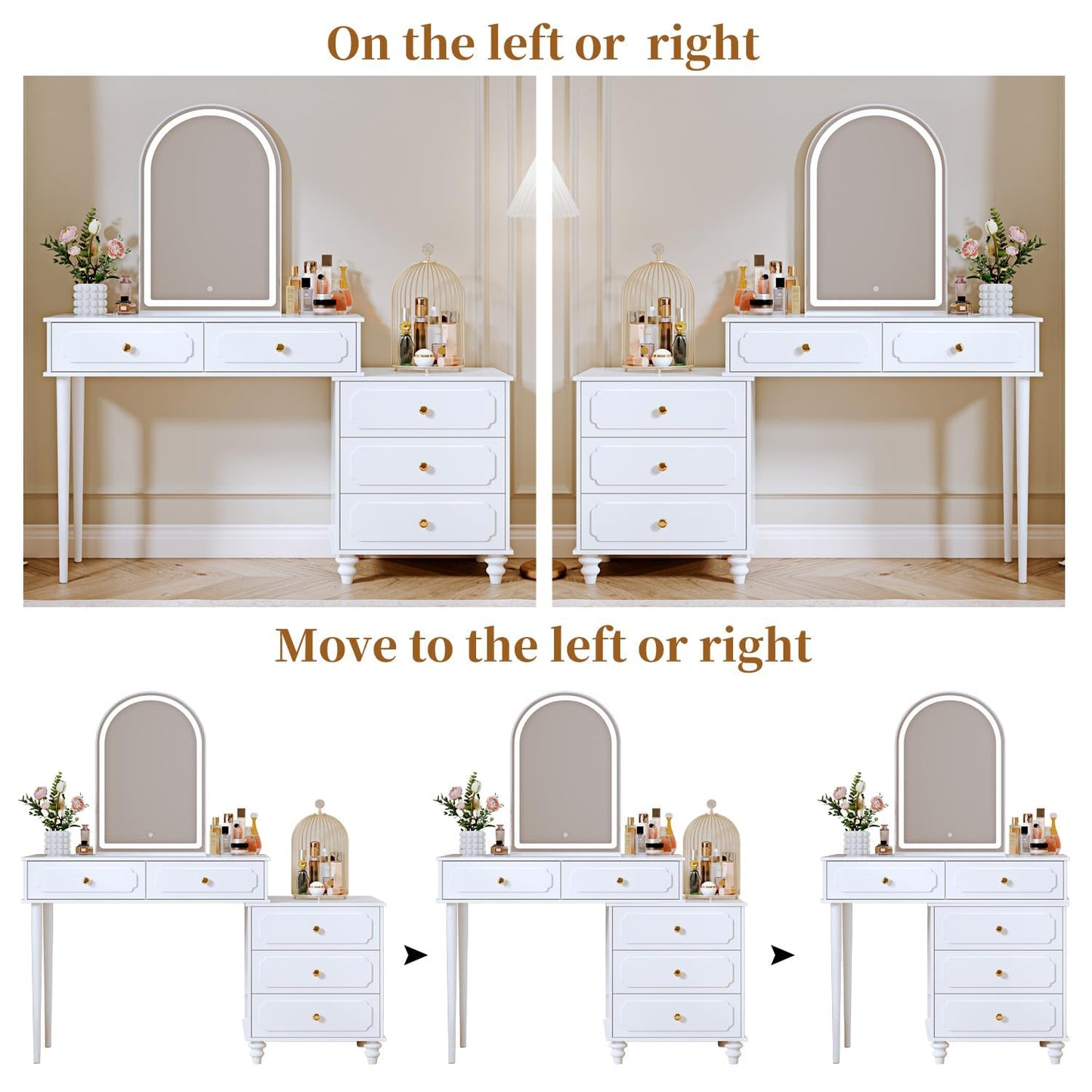 Ieejdn White,Vanity Desk with Mirror and Lights,Makeup Vanity with Power Outlet and Adjustable Cabinet,Modern Makeup Table with 3 Drawers for Bedroom Makeup Room