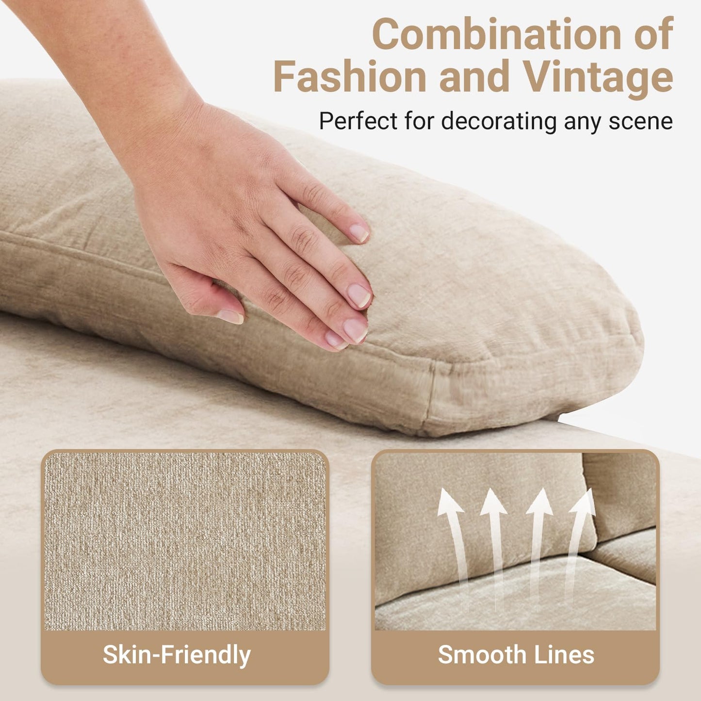 VINGLI 110" Sectional Couches for Living Room,U Shaped Couch with Double Chaise, 4-Seat Sofa Set with Chenille Fabric for Home Furniture,Light Khaki