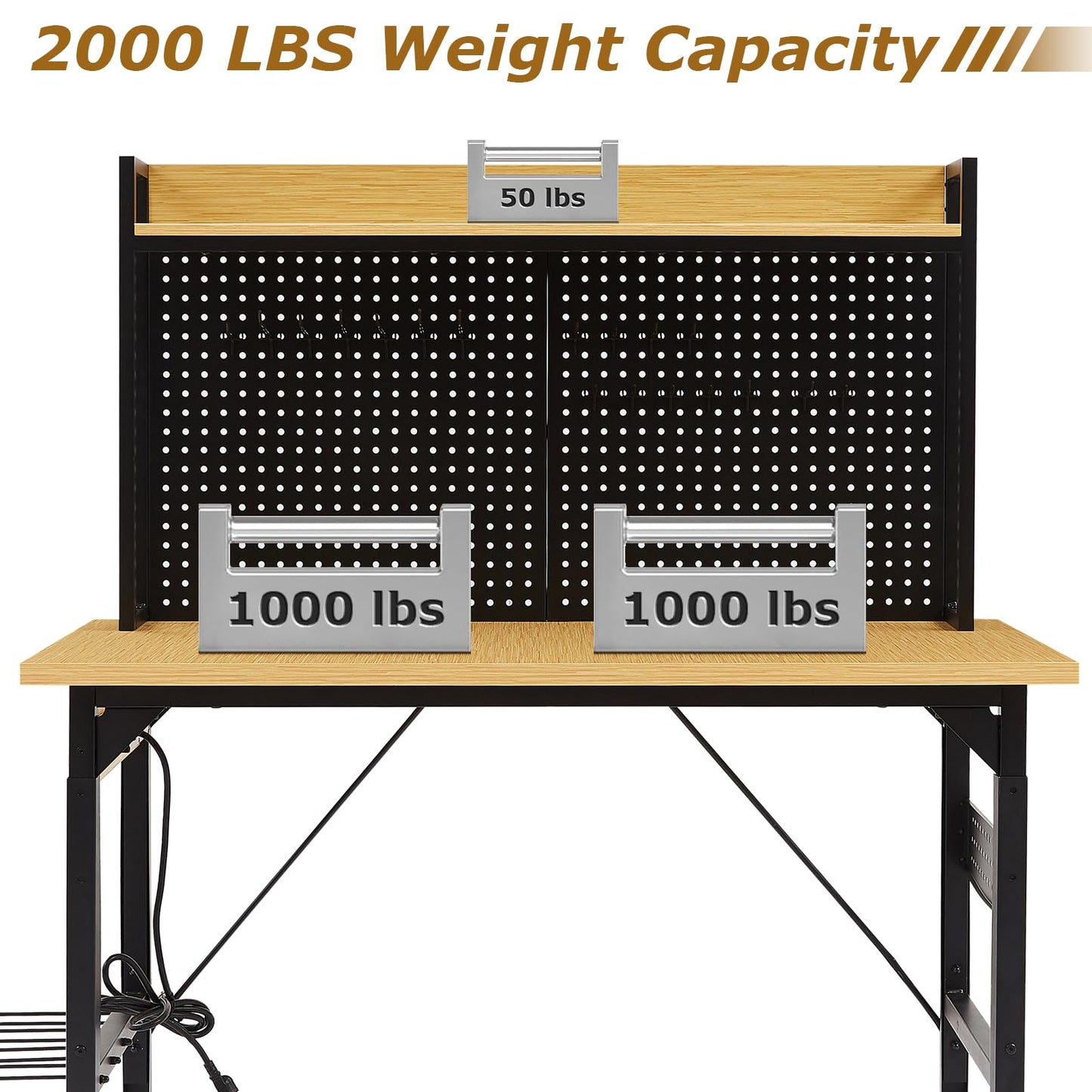 Zevemomo 48" Adjustable Height Workbench with Pegboard, Work Benches for Garage, Heavy Duty Wood Top Work Bench with Wheels, 2000 LBS Load Capacity, Rolling Work Table with Outlet Storage Shelf Hooks