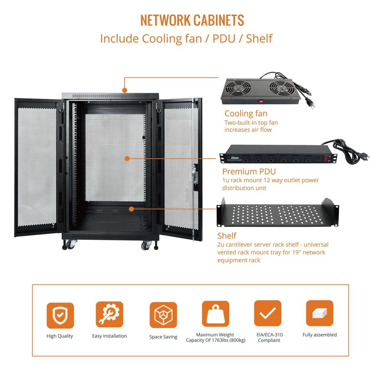 Tecmojo Fully Assembled 18U Network Cabinet AV Rack Enclosure with Casters/Locking Doors with Dual Fan, PDU and Cantilever Shelf (31.5inch DEEP Mesh Door)