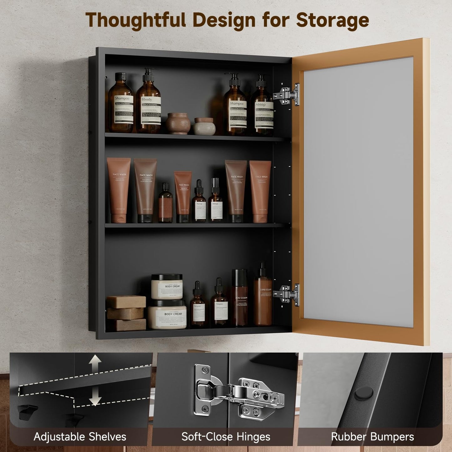 20"x28"Gold Medicine Cabinets for Bathroom with Mirror, Aluminum Alloy Framed Mirror, Recessed(18.85"x22.85")or Surface Wall-Mounted(20"x28") Metal Bathroom Vanity Mirror with Storage Cabinet