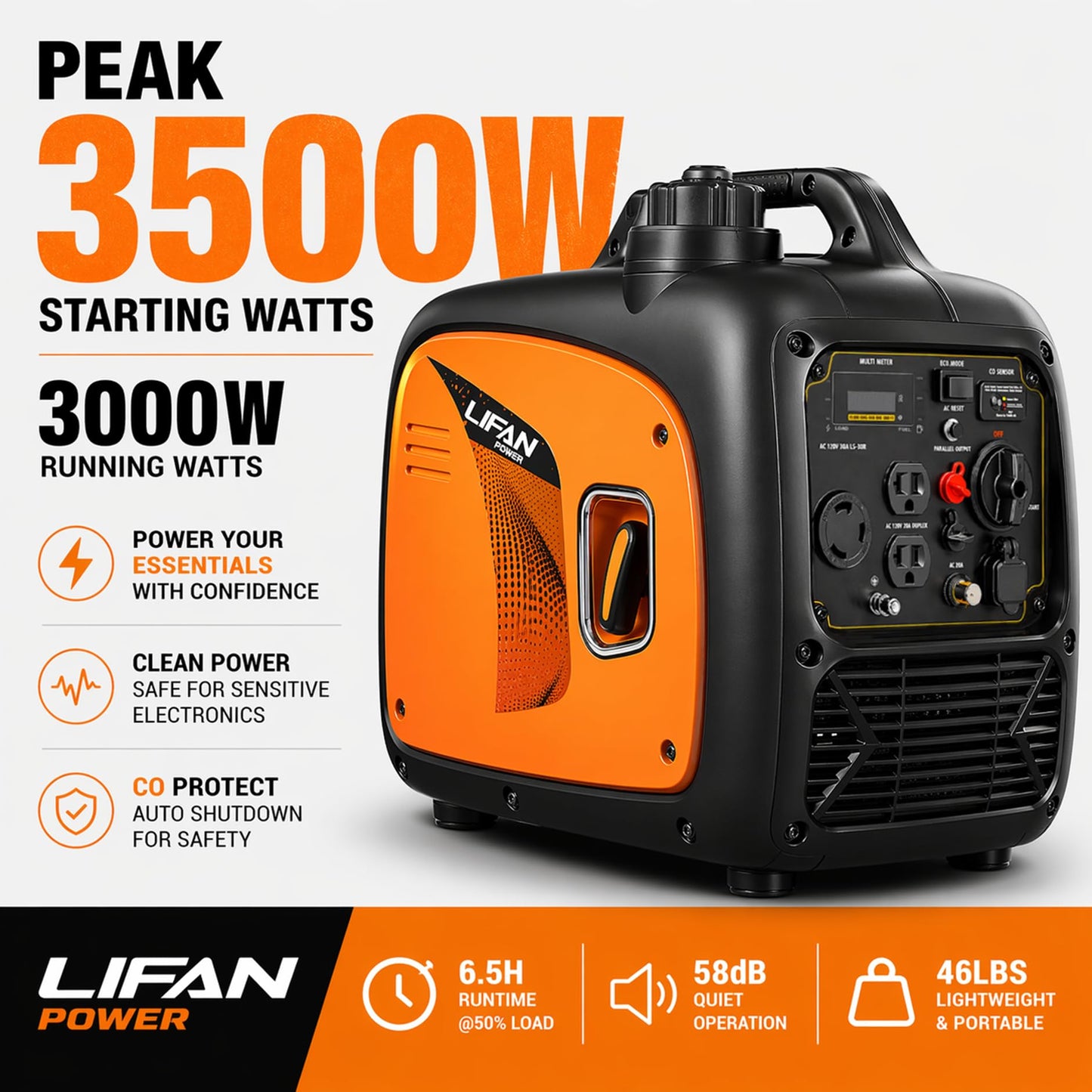 LIFAN 3500W Portable Inverter Generator for Home Backup, Super Quiet Gas Powered Generator for RV Camping Outdoor Use, ECO Mode, EPA Compliant, Parallel Ready with CO-MINDER Safety