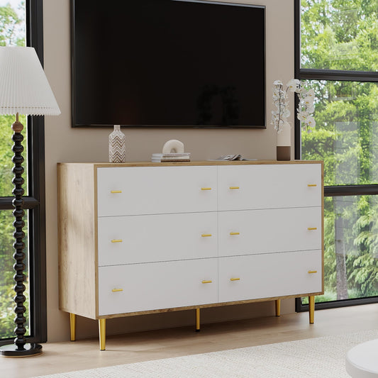 IDEALHOUSE 6 Drawers Dresser for Bedroom, 47.2" Wide Wood Rustic Chest of Drawers with Bar Handles, Vintage Design, Storage Dressers Organizer for Bedroom, Living Room, Hallway, Pine+White