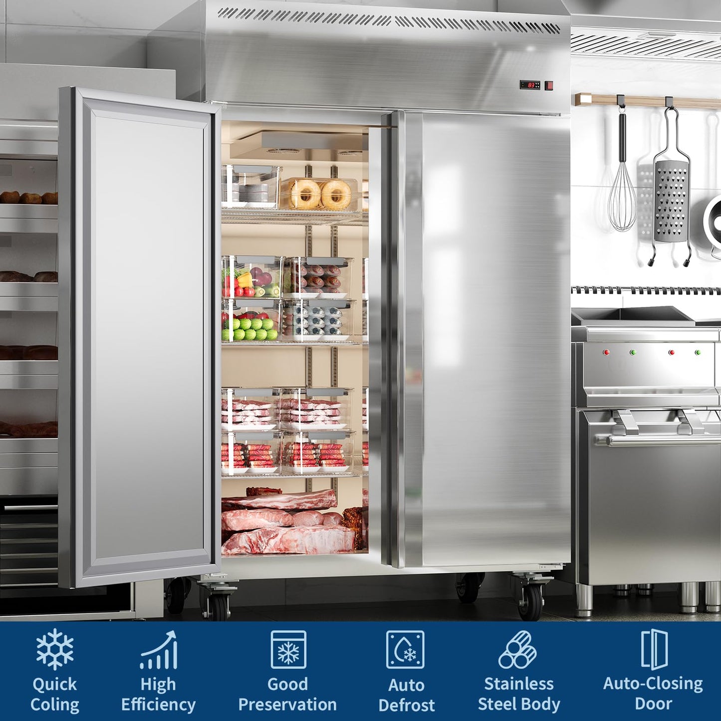 48 Inch Wide Commercial Freezer Upright, 36 Cu.Ft Frost Free Upright Freezers Stand Up, 2 Door 2 Section Walk-In Freezer with 6 Adjustable Shelves, for Supermarket, Restaurant, Kitchen, Shop, Garage
