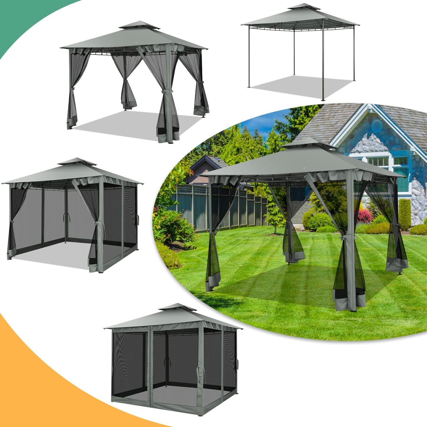 HOTEEL Outdoor Gazebo 10x10 FT Gazebos on Clearance with Netting, Waterproof Canopy Tent with Heavy Duty Party Tent Steel Frame, High Wind-Resistant Shelter for Backyard, Deck & Garden Windproof Gray