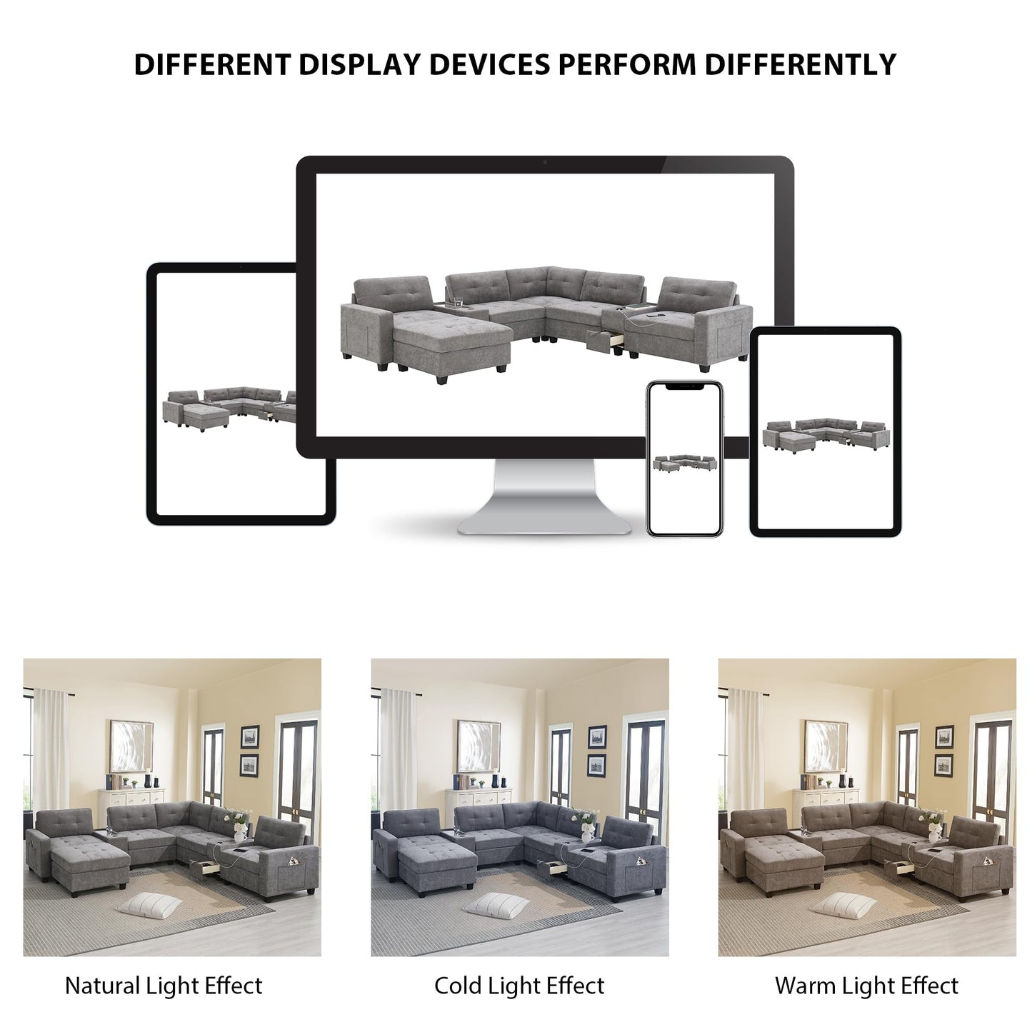 ERYE 104-Inch Oversized Tufted Corner Sectional Sofa 6 Seat Modular Convertible Sofa Couches W/Charging Station, Movable Ottoman, Storage Console,Drawers for Home/Apartment