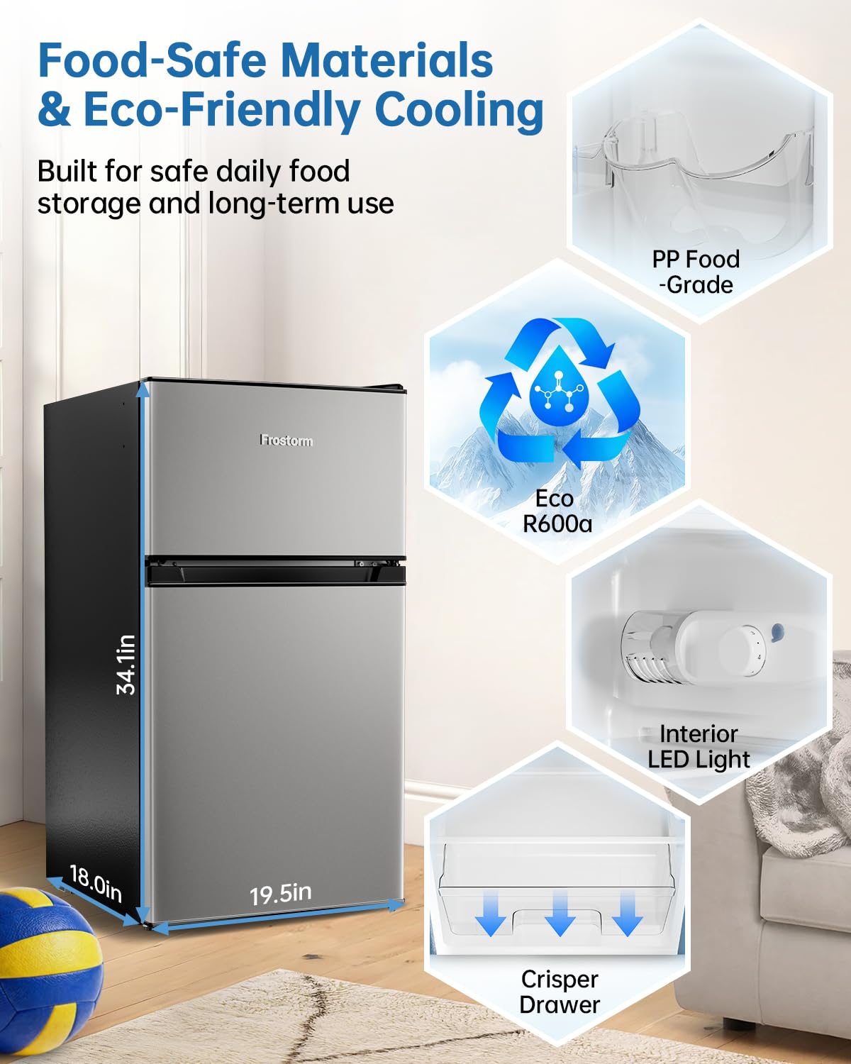 Frostorm 3.2 Cu Ft Mini Fridge with Freezer - Energy Efficient, Double Door Upright Freezer for Bedroom, Office & Dorm | Small Fridge, Glass Shelves,Interior Light,ETL Certified,etc(Silver)