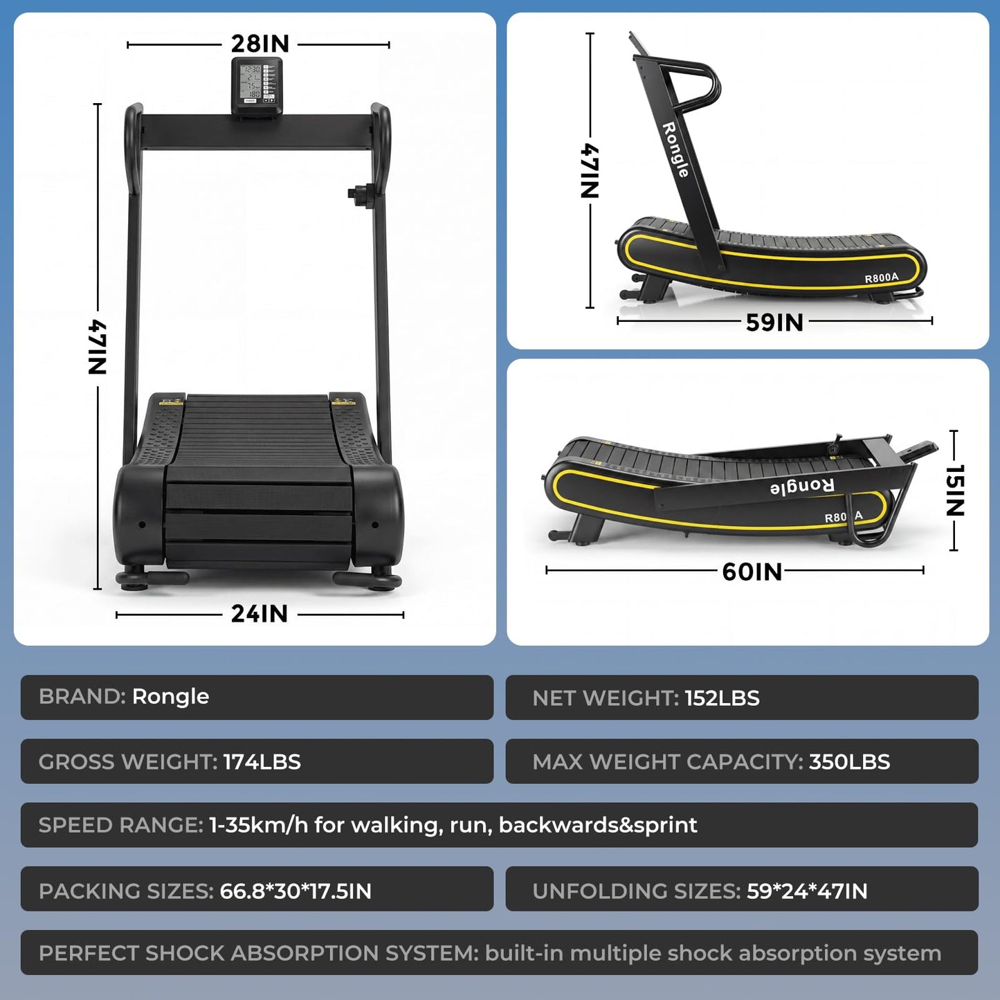 Rongle Curved Treadmill, Non-Powered Folding Treadmill, Adjustable Custom Resistance, Equipped with LCD Display, Suitable for Commercial and Home Use, 350 lbs Weight Capacity