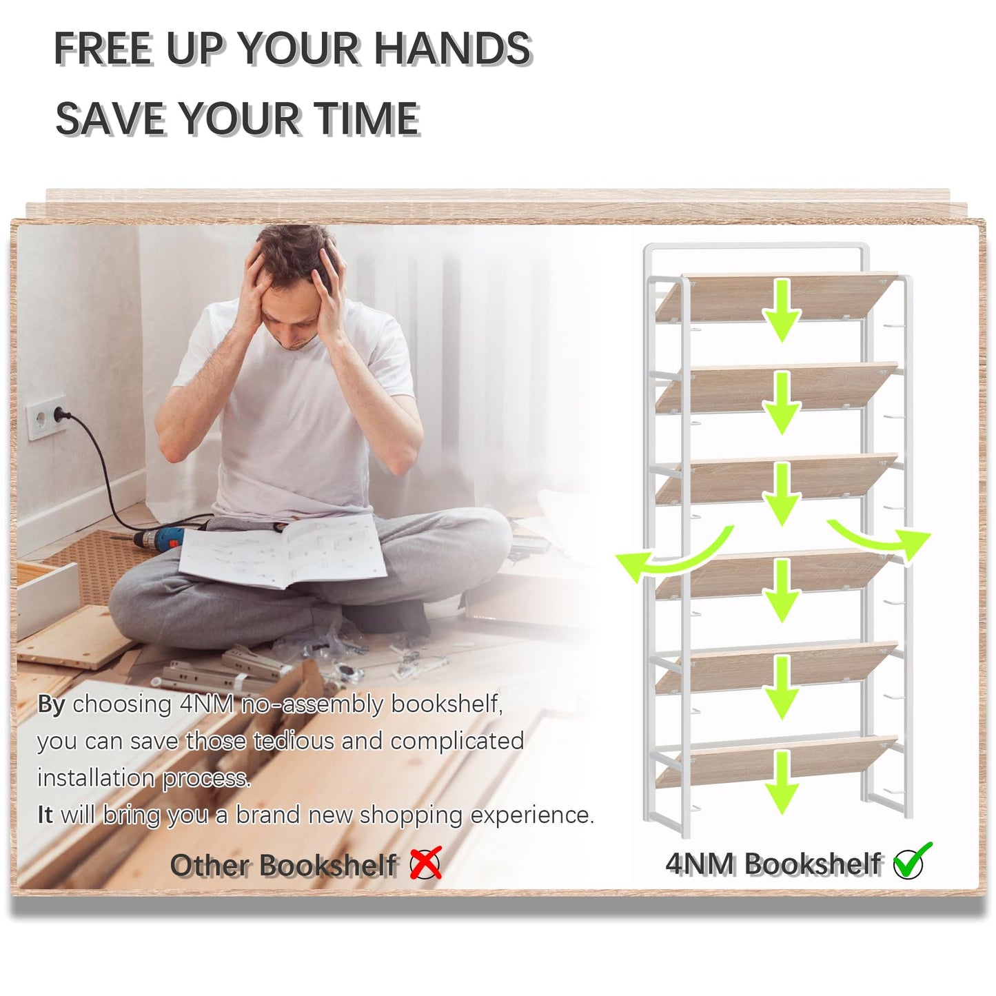 4NM No Assembly 6 Tiers Folding Bookshelf Storage Shelves Vintage Bookcase Standing Racks Study Organizer Home Office (Natural White)