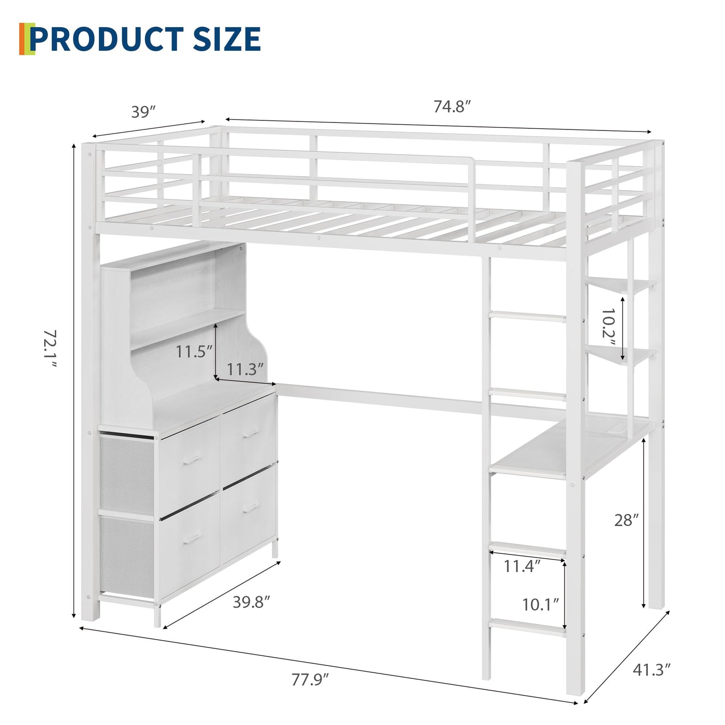 Twin Size Loft Bed with Desk, 4 Large Fabric Drawers and Open Shelves, Heavy Duty Metal Loft Bed with LED Lights, Power Outlets, Safety Guardrails & Ladder, Space Saving, No Box Spring Needed, White
