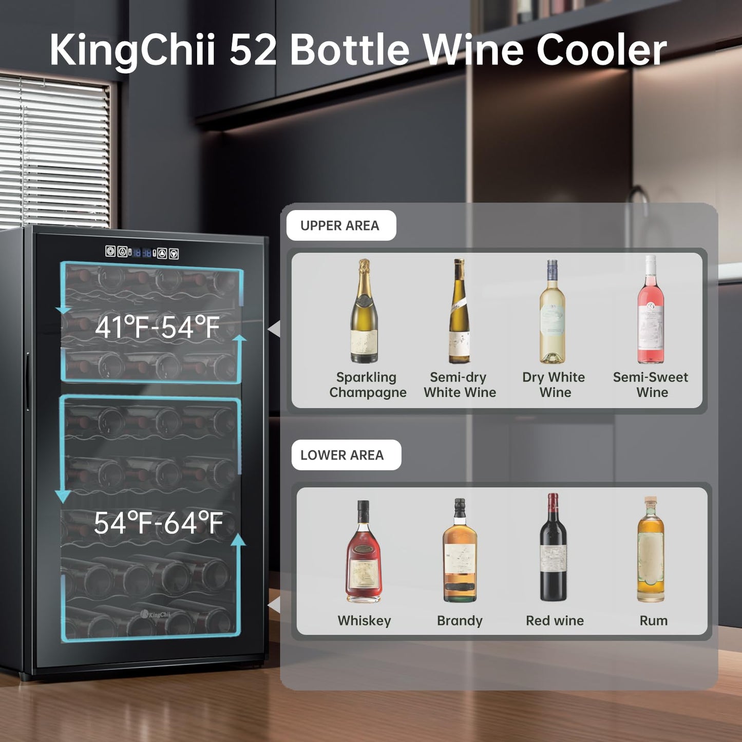KingChii 52 Bottle Wine Cooler Refrigerator - Dual Zone Wine Fridge with Intelligent Digital Control, Low Noise Operation, Freestanding Wine Refrigerator for Home and Kitchen, Black