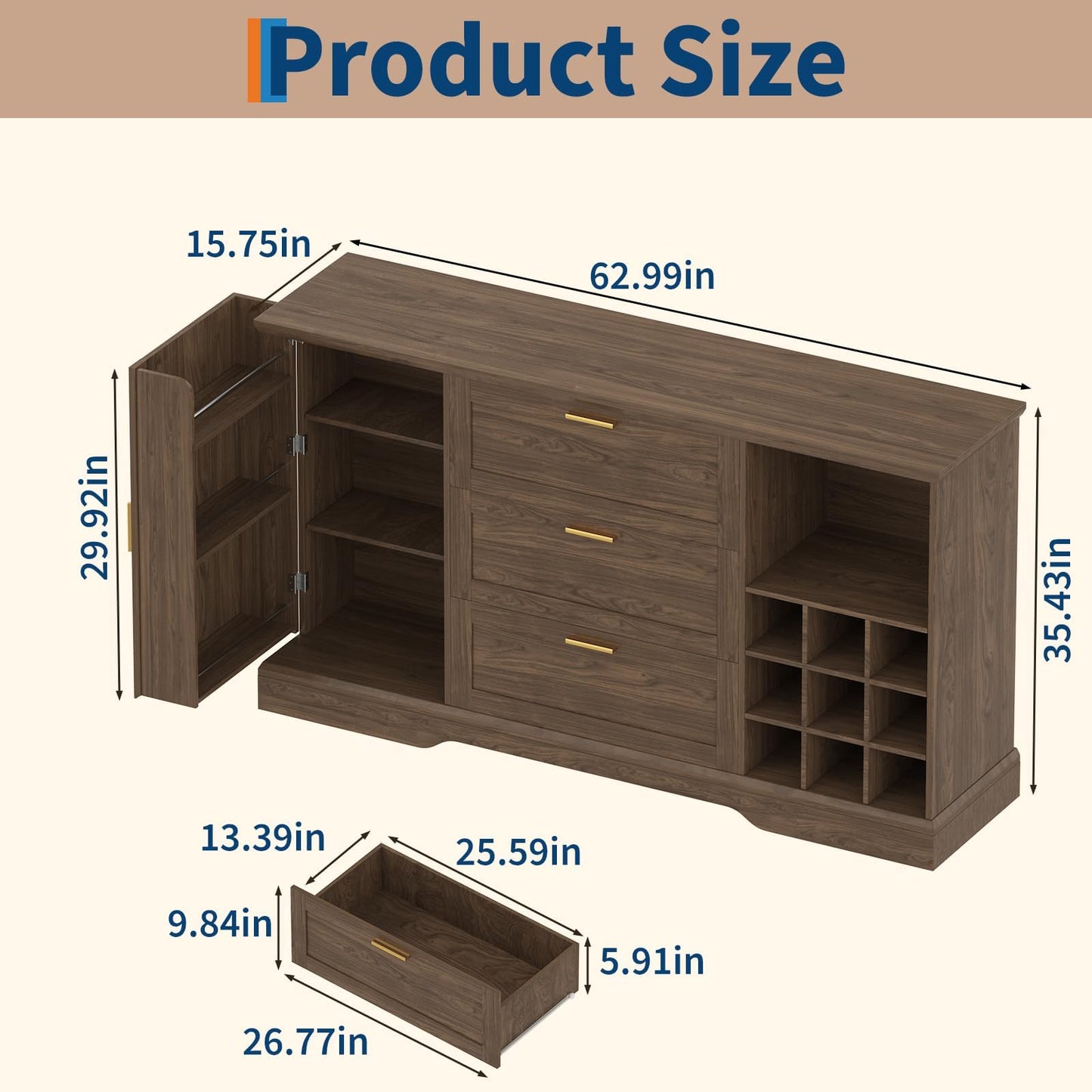 63 Inch Farmhouse Sideboard Buffet Cabinet with 3 Drawers & Wine Rack, Kitchen Coffee Bar with Adjustable Shelves & Door, Versatile Storage Console for Kitchen, Entryway & Dining Room Rustic Walnut