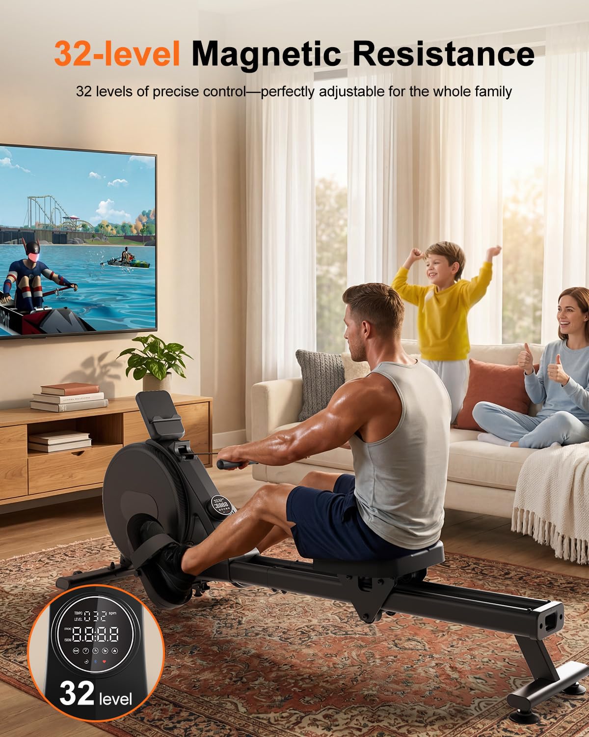 Superun Upgraded Rowing Machines for Home, Magnetic Rowing Machine with 32 Levels, Rower Machine of Quiet Resistance & 300LBS Weight Capacity, Row Machine with LED Monitor, App Supported, Dark Black