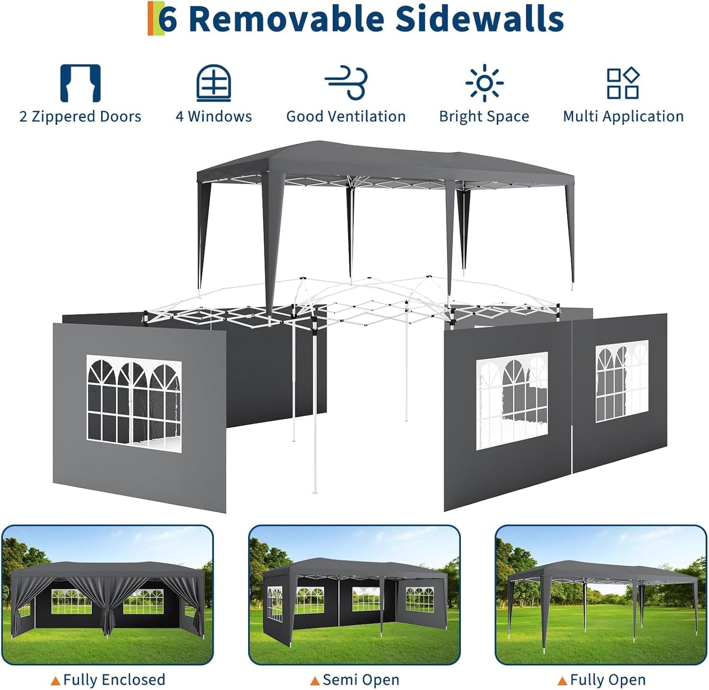 IDEALHOUSE Pop Up Canopy Tent, 10x20 FT Easy Up Outdoor Gazebo with 6 Removable Sidewalls, 3 Adjustable Heights, Portable Party Tent for Backyard, Events, Patio, Parking