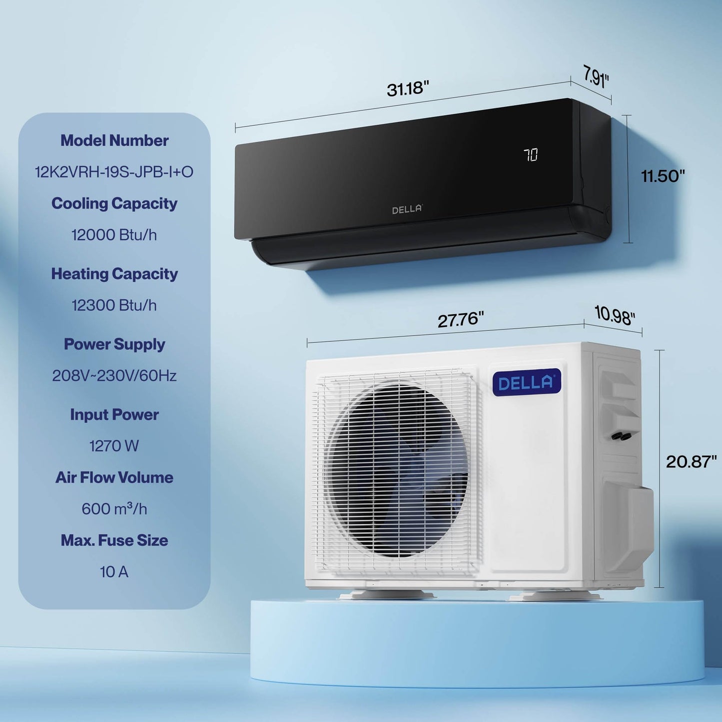 DELLA Umbra 12000 BTU Mini Split Air Conditioner, 19 SEER2 230V, Energy Efficient, Cools Up to 550 Sq.Ft, 1 Ton Heat Pump, Work with Alexa and Wifi, Ductless Inverter System, Pre-Charged, 16.4ft Kit