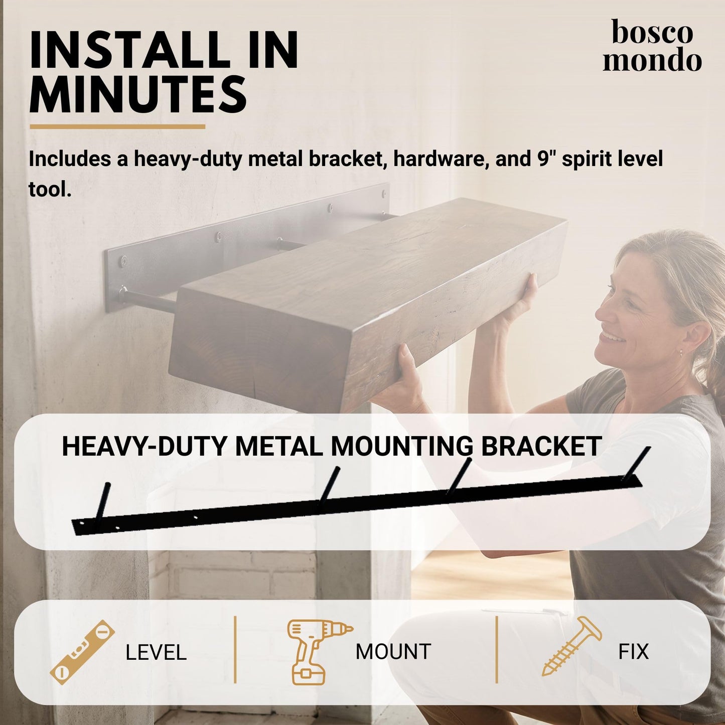 BoscoMondo Solid Wood Fireplace Mantel Shelf, Floating Mantle for Living Room, Farmhouse Rustic Wood Mantel, Easy Wall Mount with Heavy-Duty Metal Bracket (72", Jacobean)