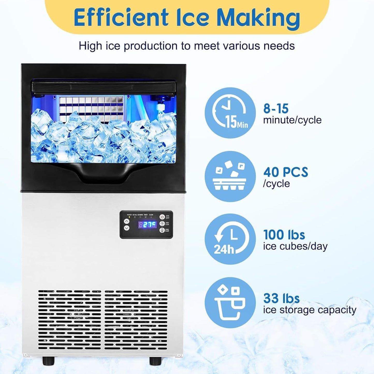 GarveeHome 100 LBS/24Hrs Commercial Ice Maker, 100 LBS Storage, Under Counter/Freestanding, LCD Controller, Self-Cleaning, Stainless Steel for Restaurants/Bars/Kitchens