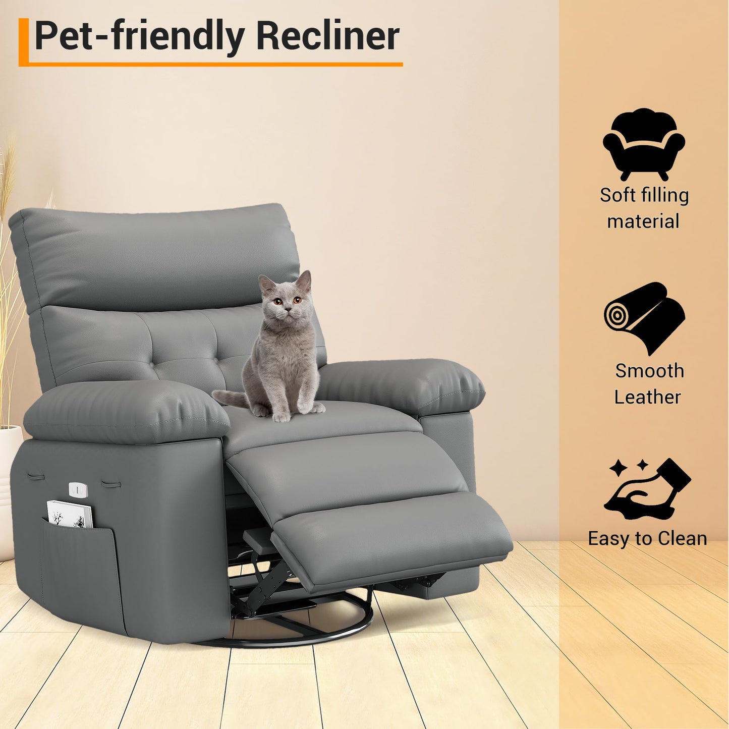 Oversized Recliner Chair with Massage, PU Leather Ergonomic Power Swivel Rocker Recliner with Side Pocket & 1.5X Sponge Filling for Living Room, Nursery, or Bedroom, Grey