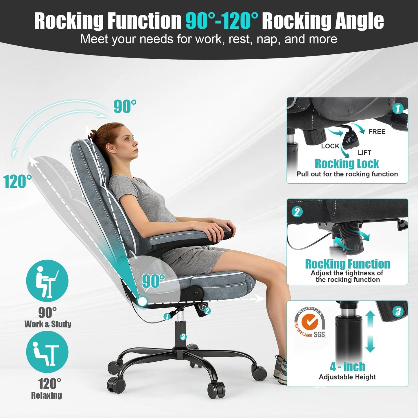 Big and Tall Office Chair with Adjustable Lumbar Support,Breathable Fabric High Back Desk Computer Chair with Adjustable Flip-up Armrests,Ergonomic Swivel PC Chair with Rocking Function