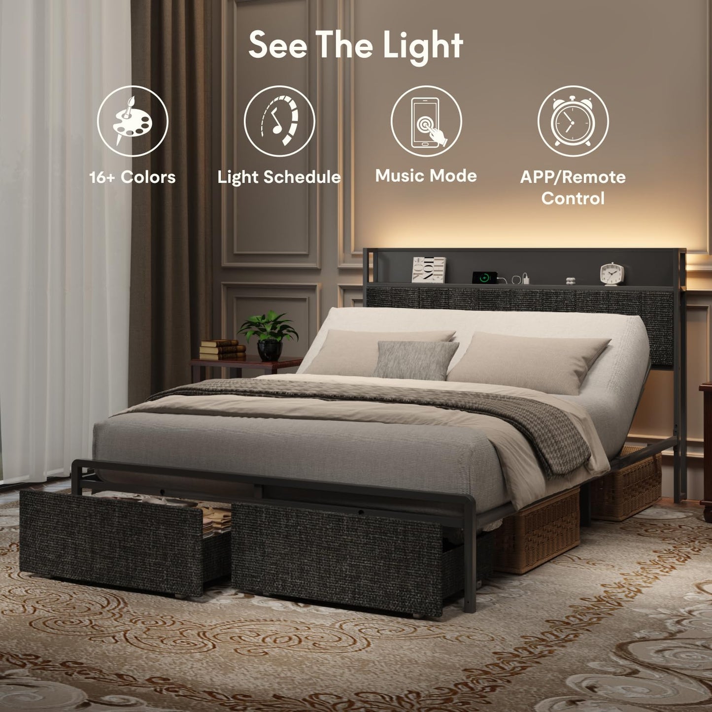 FLEXISPOT Queen Adjustable Bed with Storage Headboard, Charging Station, Head Incline, LED Lighting, Storage Drawers, Quiet Powerful DC Motor, and Easy Assembly