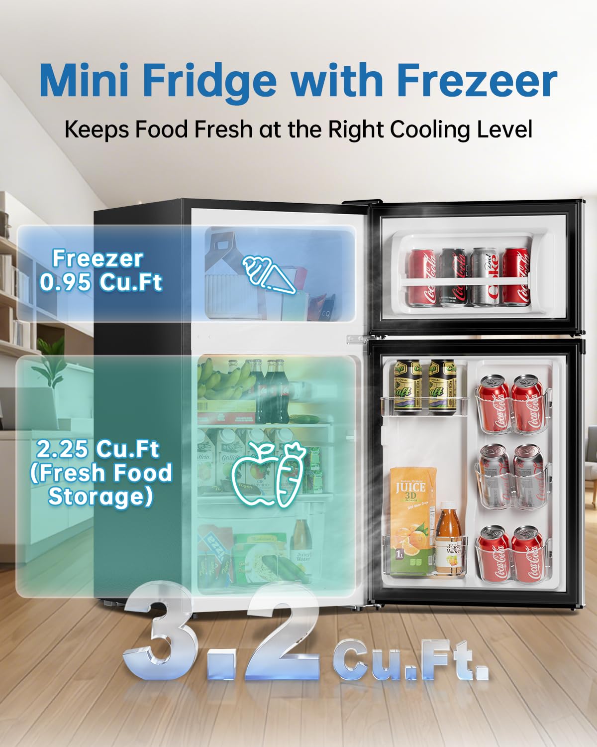 Frostorm 3.2 Cu Ft Mini Fridge with Freezer - Energy Efficient, Double Door Upright Freezer for Bedroom, Office & Dorm | Small Fridge, Glass Shelves,Interior Light,ETL Certified,etc(Silver)