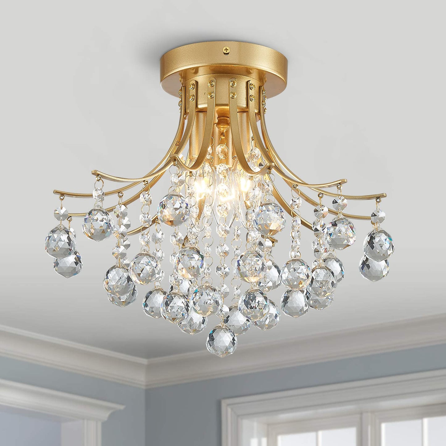 Bestier Modern Gold Crystal Semi-Flush Mount Chandelier, 3 E12 Bulbs, D13.5in x H11.6in, Ideal for Dining Room, Bathroom, Bedroom, Living Room