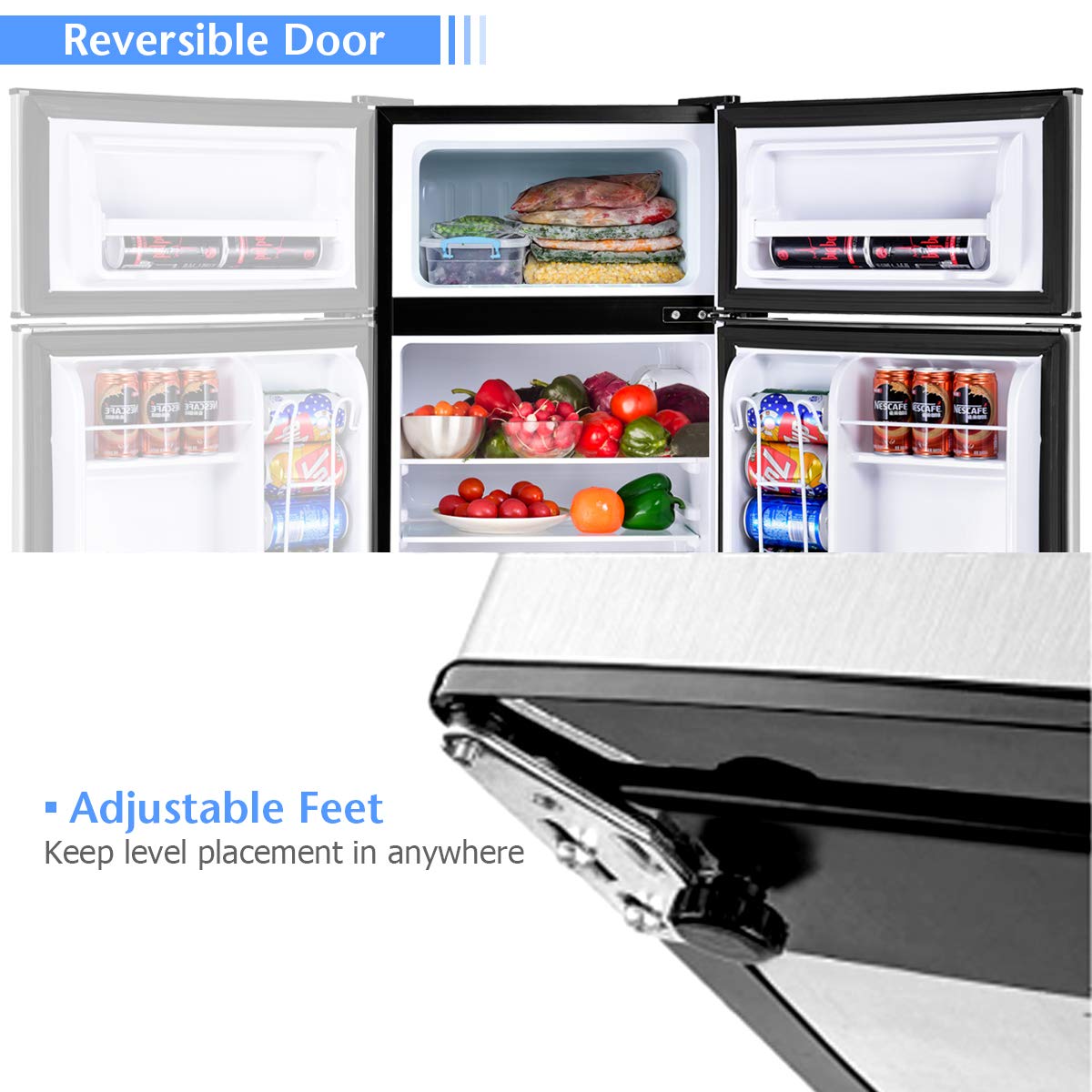 COSTWAY Mini Fridge with Freezer, 3.2 Cu.ft. 2-Door Mini Freezer Cooler Fridge w/ Reversible Door, Removable Glass Shelves, Mechanical Control, Small Refrigerator for Bedroom, Dorm, Office (Grey)