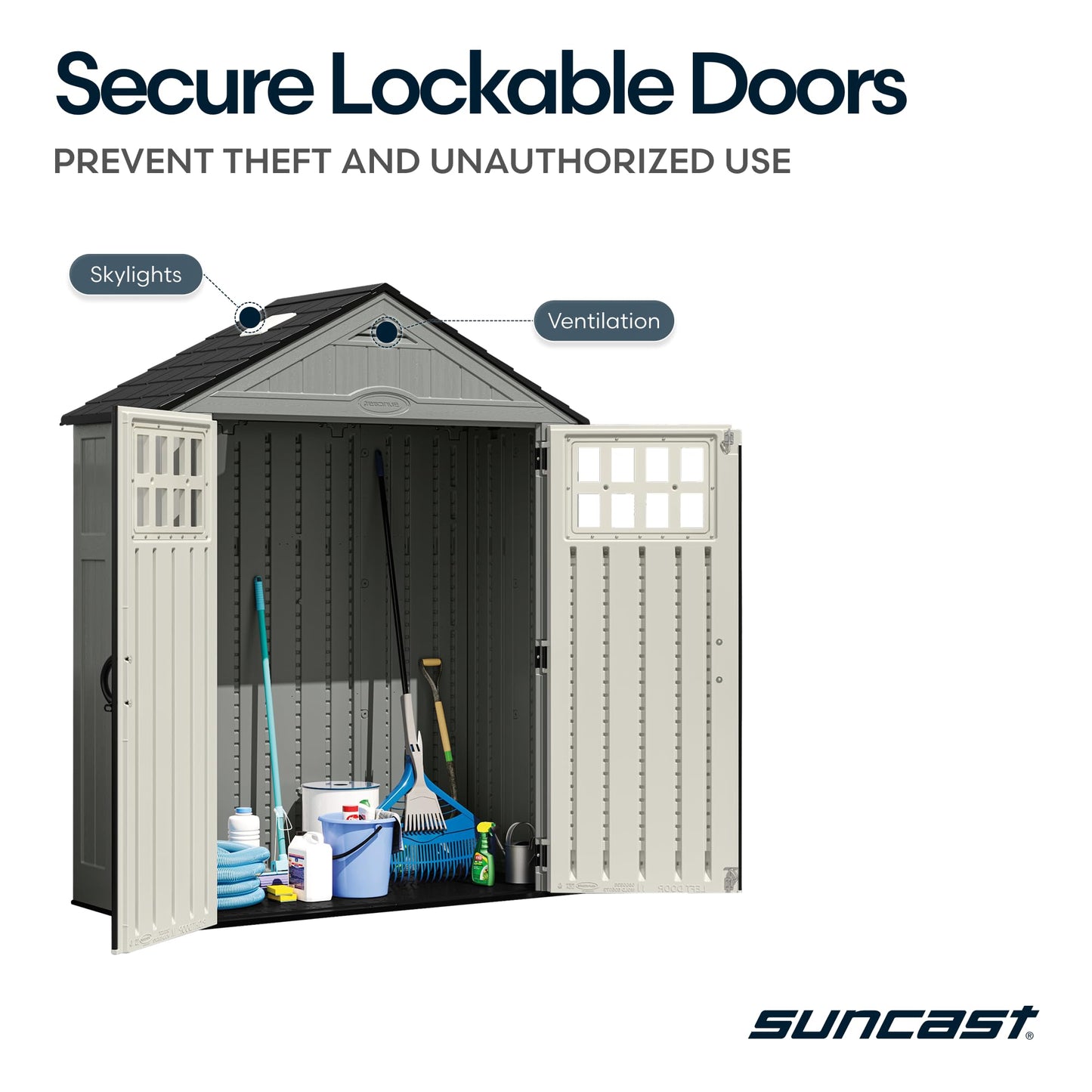 Suncast Everett 6x3 ft Vertical Storage Shed - Resin Outdoor Garden Shed with Floor, Windows, Skylight & Lockable Double Doors. Slim Yard Storage for Utility Tools & Backyard Equipment
