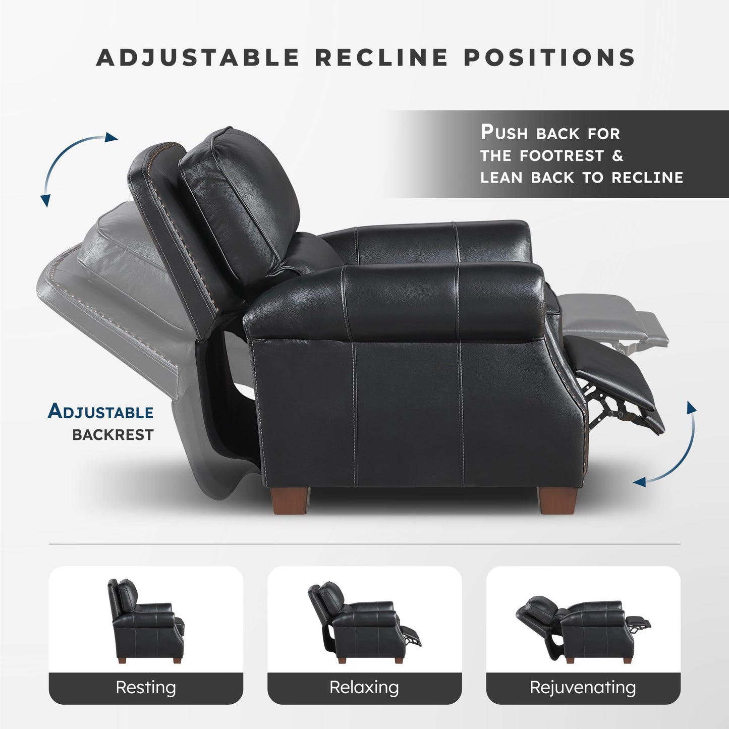 Lexicon Push Back Reclining Chair, Top Grain Leather Match Push Back Recliner Chair with Nailhead Trim, Rolled Arms, Solid Wood Legs, for Living Room/Apartment/Office, Easy Assembly, Black