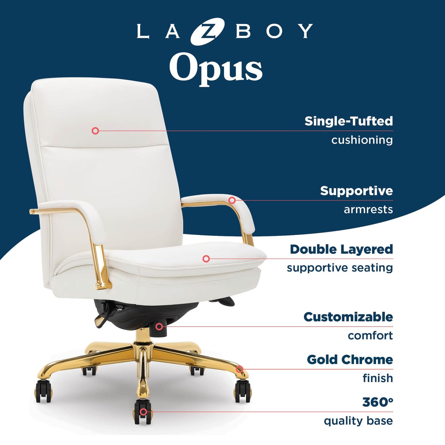 La-Z-Boy Opus Ergonomic Bonded Leather Swivel Executive Chair, White and Gold (CCHR10015A)