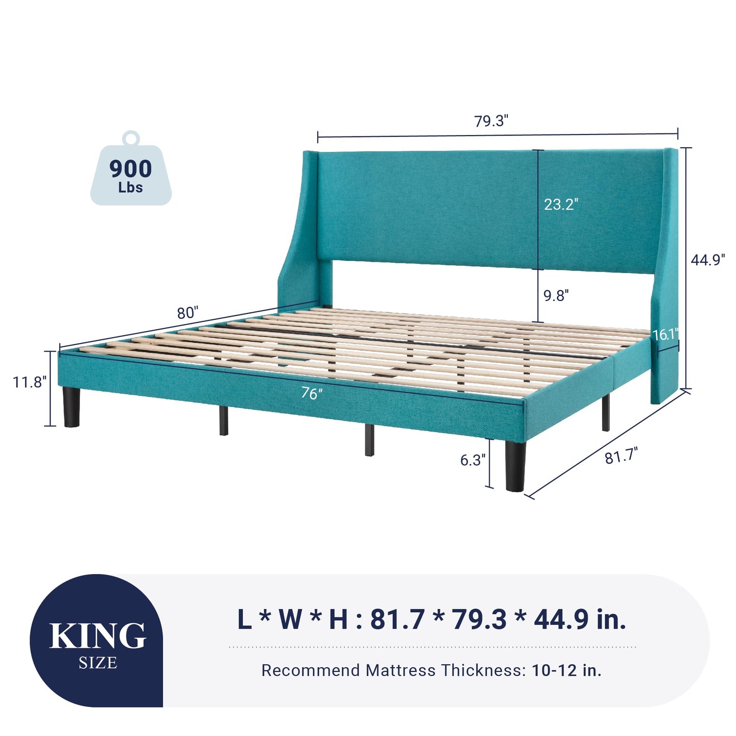 Allewie King Size Platform Bed Frame with Upholstered Headboard, Modern Deluxe Wingback, Wood Slat Support, Mattress Foundation, Peacock Green